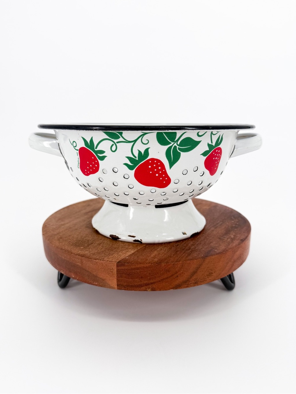 Vintage 1983 Teleflora Enamelware Colander Strawberry Motif Footed Strainer